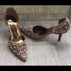 Sequence pearls beaded gold pumps heels shoes